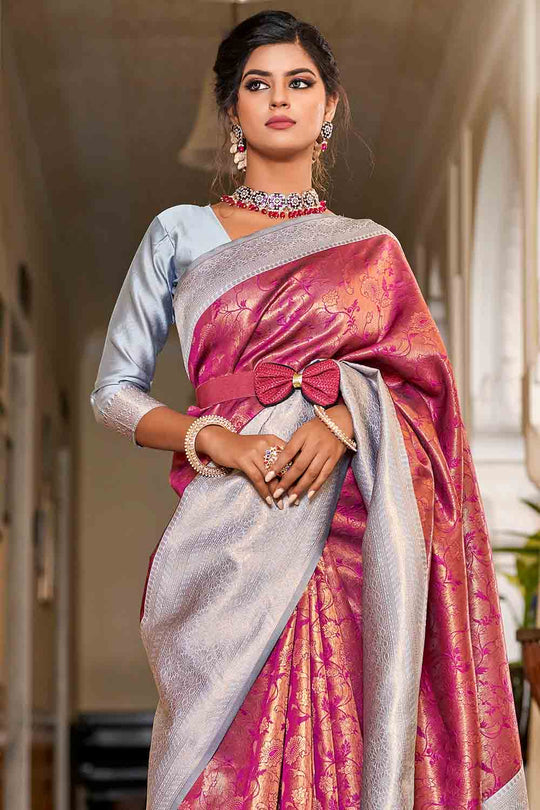 Maroon And Grey Banarasi Saree