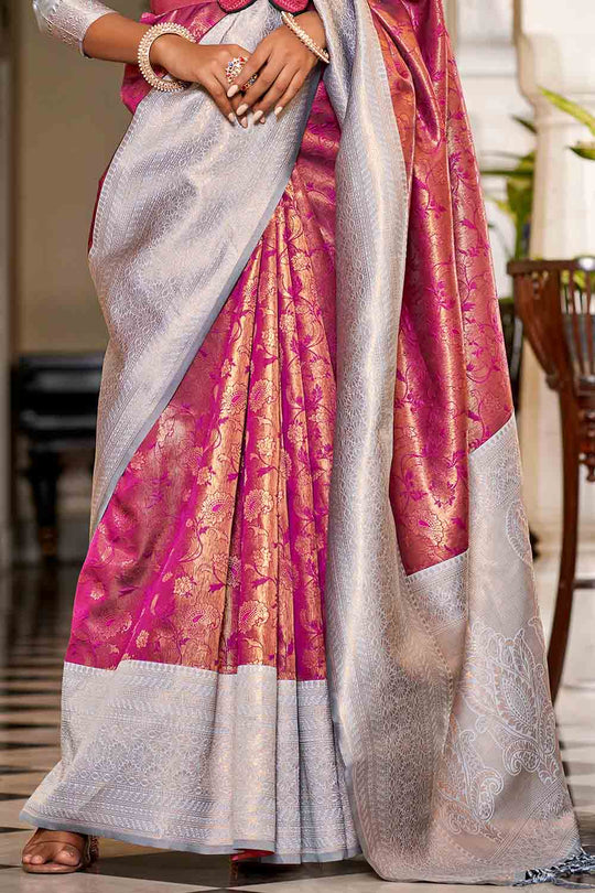 Maroon And Grey Banarasi Saree