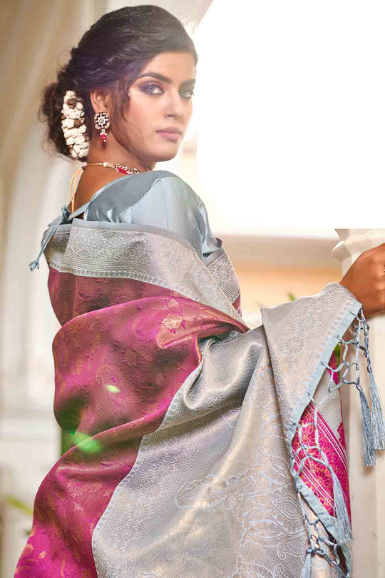 Maroon And Grey Banarasi Saree