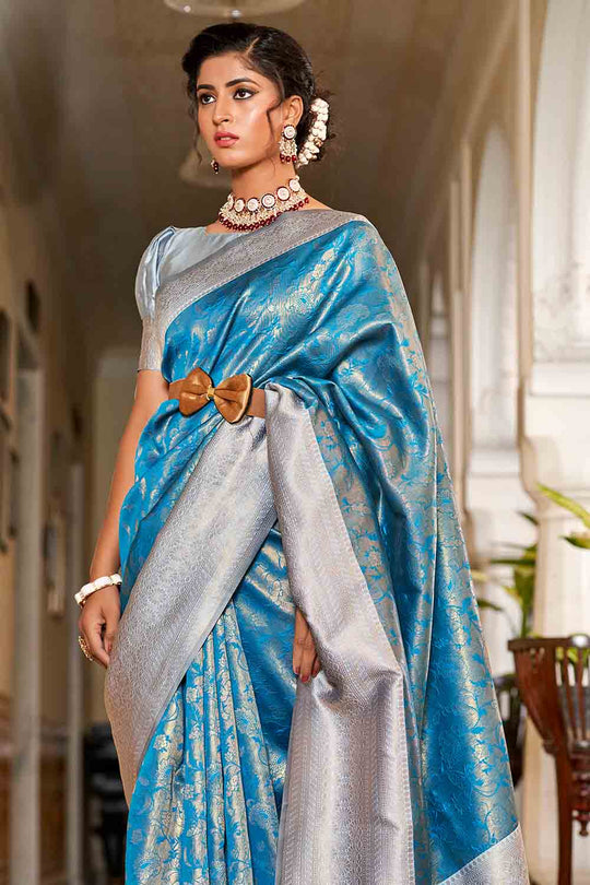 Blue And Grey Banarasi Saree