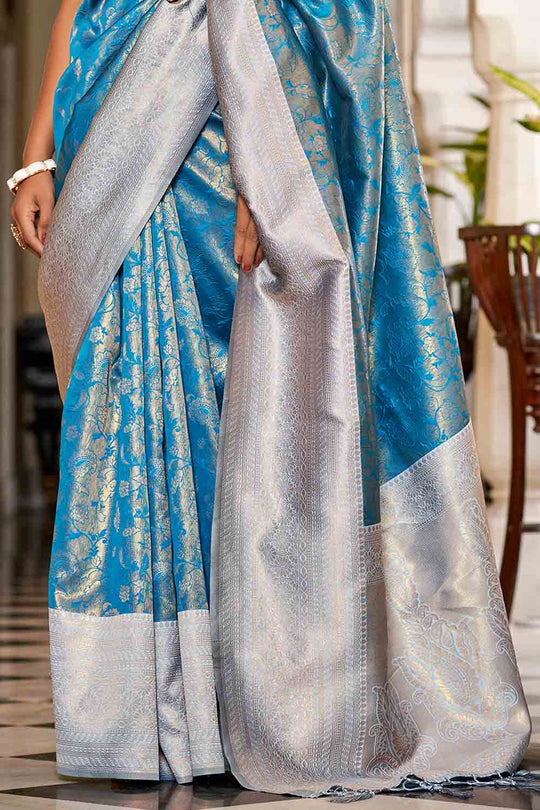 Blue And Grey Banarasi Saree