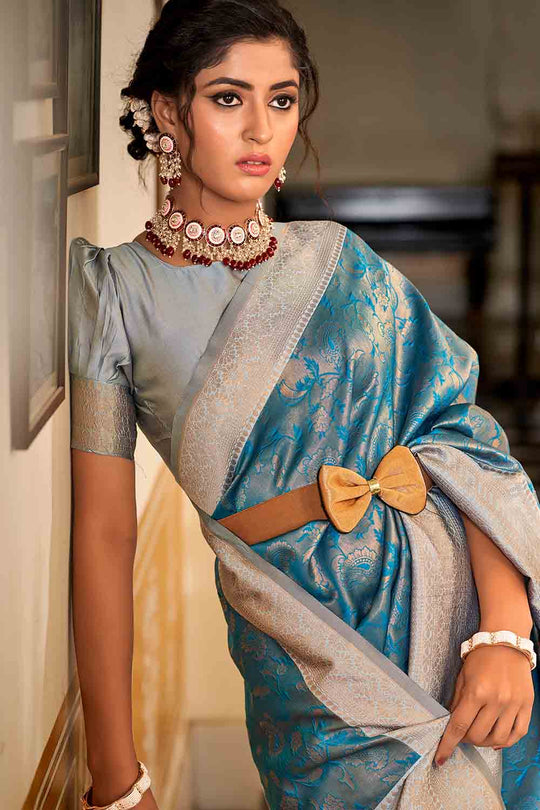 Blue And Grey Banarasi Saree