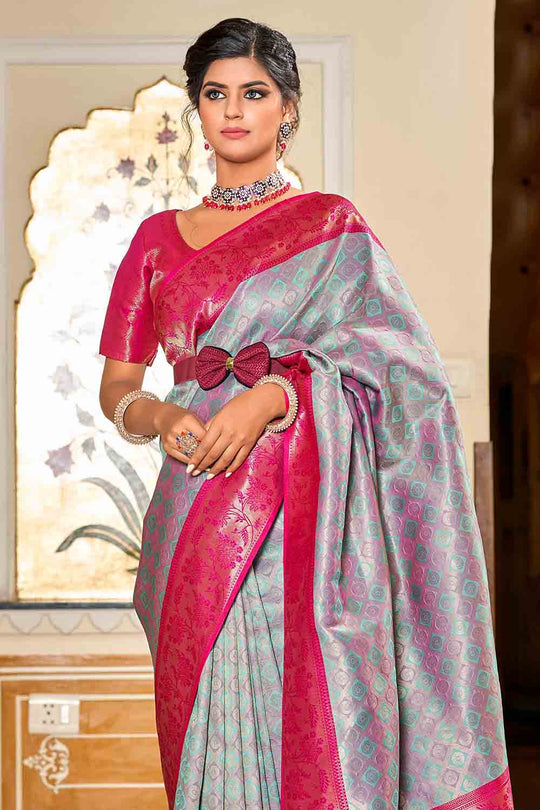 Grey And Pink Banarasi Saree