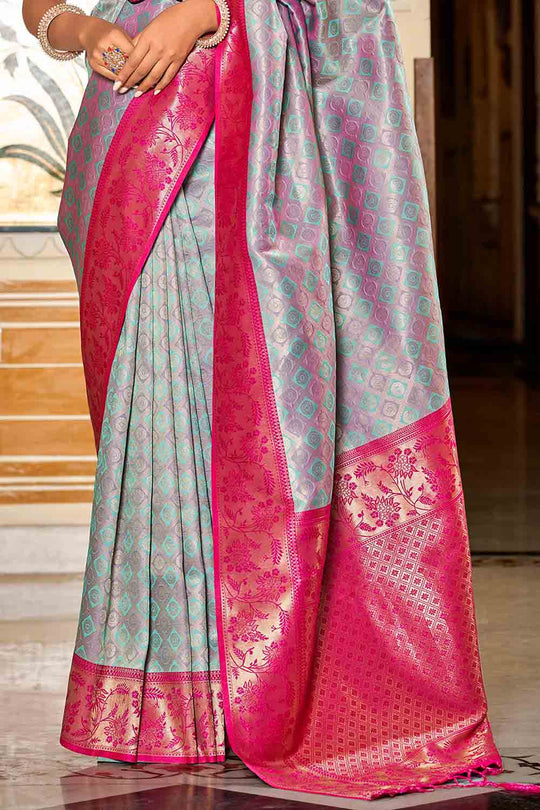 Grey And Pink Banarasi Saree