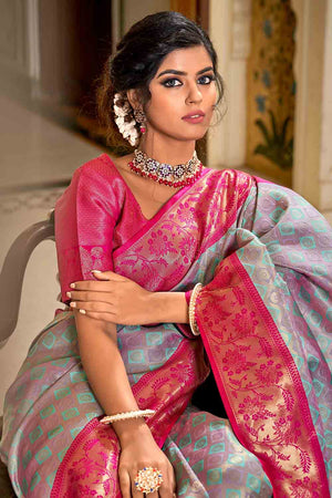 Grey And Pink Banarasi Saree