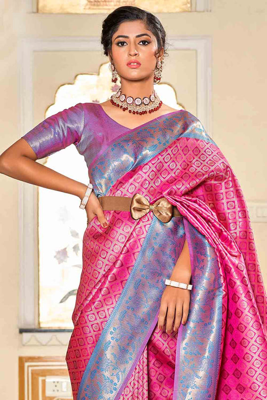 Pink And Blue Banarasi Saree