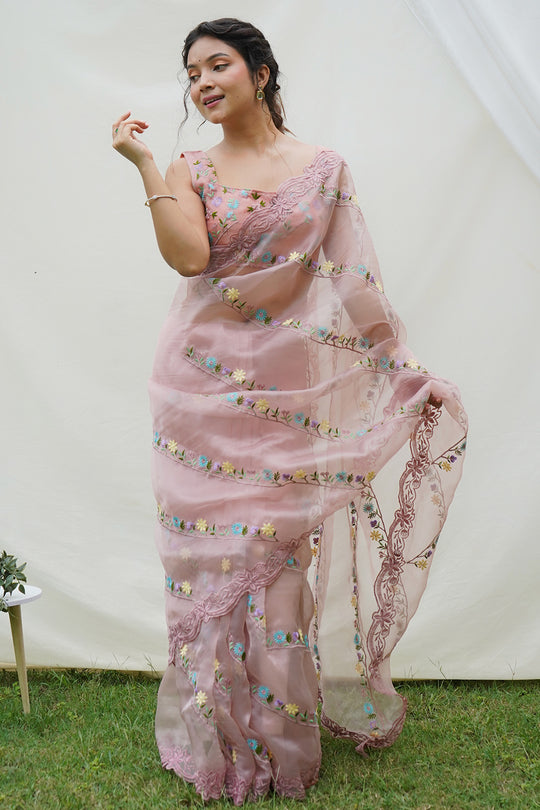 Peach Organza Saree With Blouse Piece