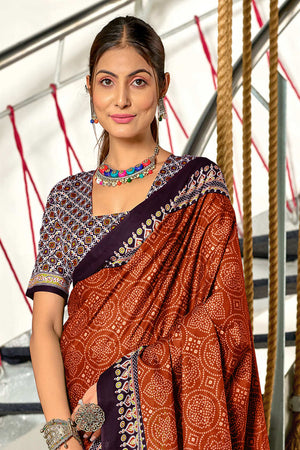 Orange Bandhani Hand Block Print Mulmul Cotton Sarees Saree With Blouse Piece