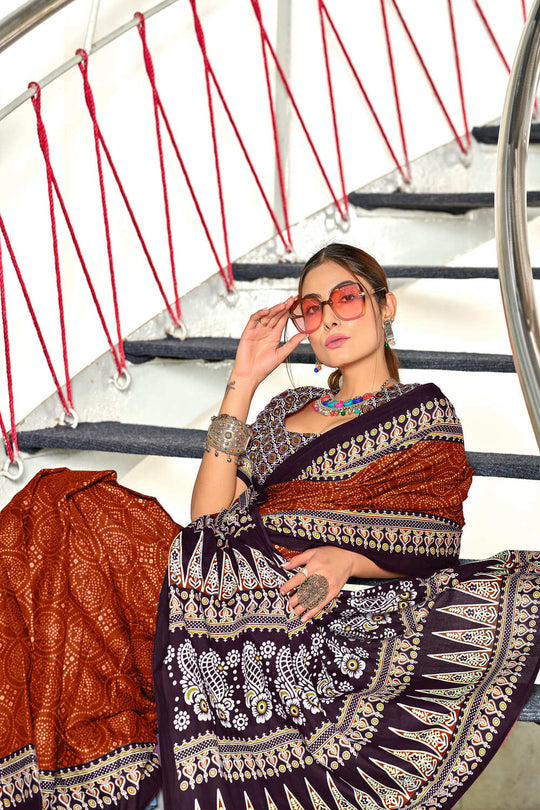 Orange Bandhani Hand Block Print Mulmul Cotton Sarees Saree With Blouse Piece