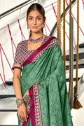 Green Bandhani Hand Block Print Mulmul Cotton Sarees Saree With Blouse Piece