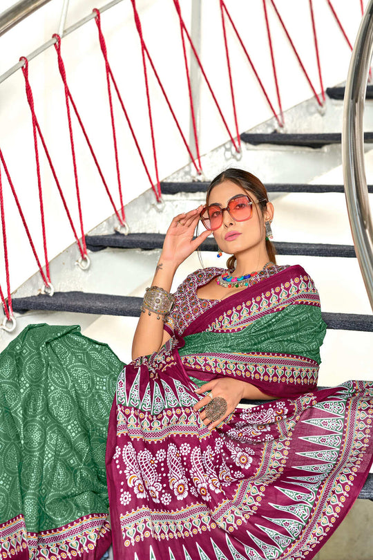 Green Bandhani Hand Block Print Mulmul Cotton Sarees Saree With Blouse Piece