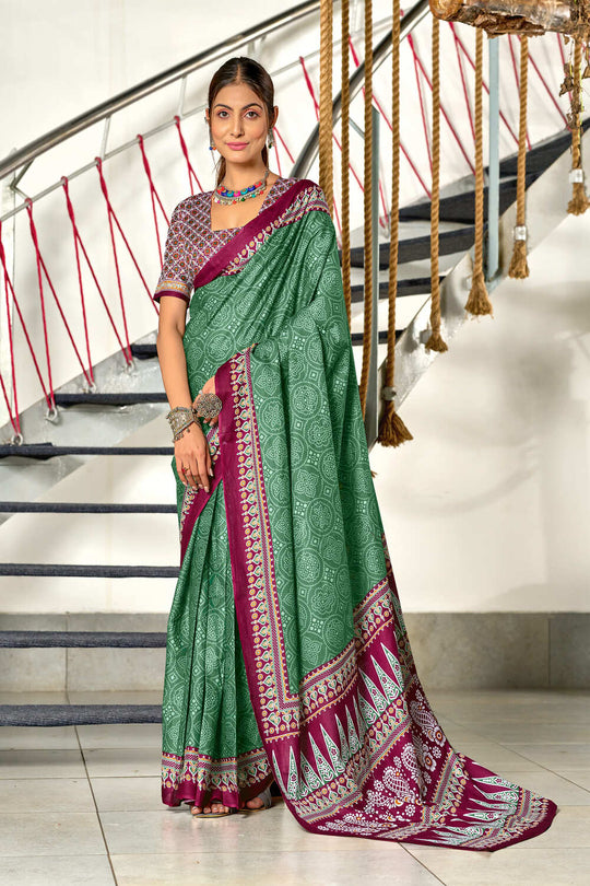 Green Bandhani Hand Block Print Mulmul Cotton Sarees Saree With Blouse Piece
