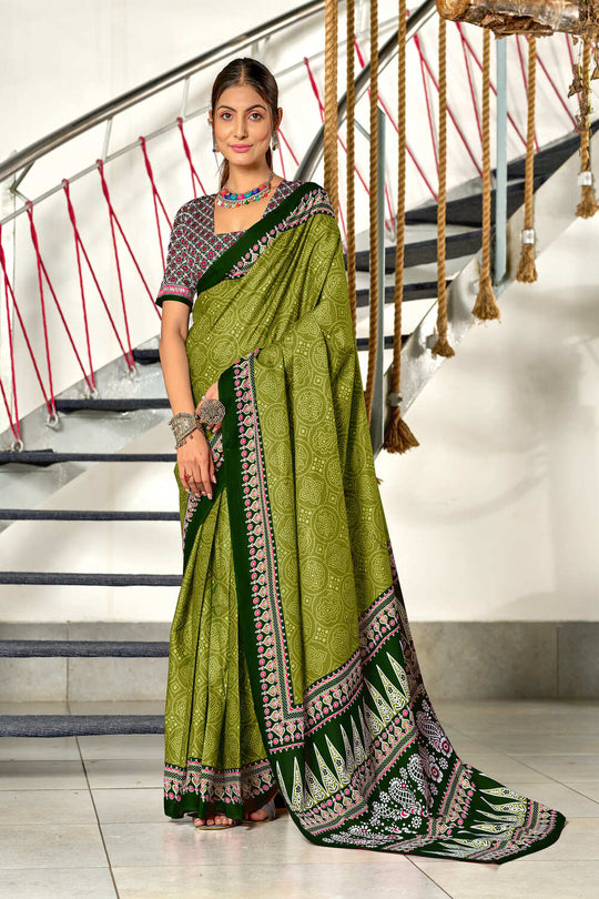 Parrot Green Bandhani Hand Block Print Mulmul Cotton Sarees Saree With Blouse Piece