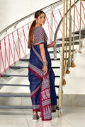 Blue Bandhani Hand Block Print Mulmul Cotton Sarees Saree With Blouse Piece