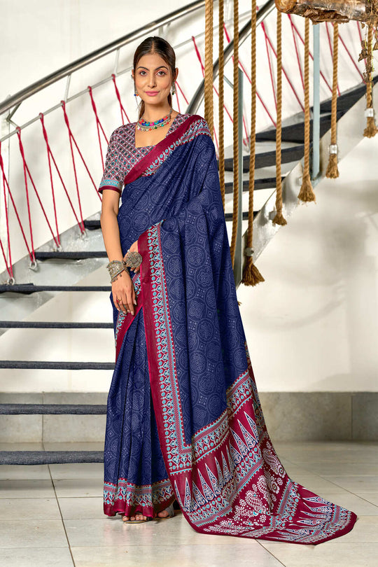 Blue Bandhani Hand Block Print Mulmul Cotton Sarees Saree With Blouse Piece