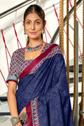 Blue Bandhani Hand Block Print Mulmul Cotton Sarees Saree With Blouse Piece