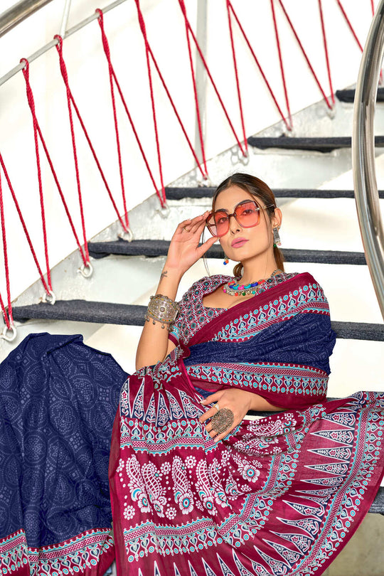 Blue Bandhani Hand Block Print Mulmul Cotton Sarees Saree With Blouse Piece