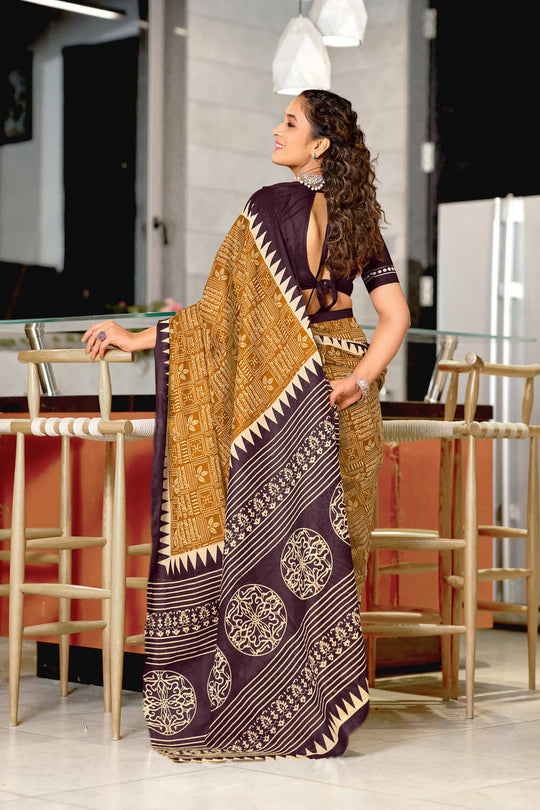 Mustard Mulmul Cotton Hand Block Print Sarees Saree With Blouse Piece