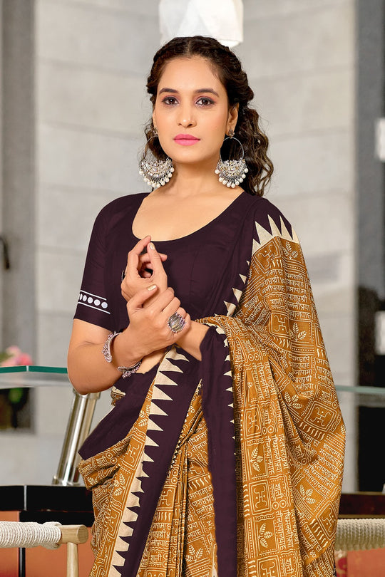 Mustard Mulmul Cotton Hand Block Print Sarees Saree With Blouse Piece