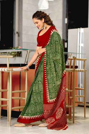 Green Mulmul Cotton Hand Block Print Sarees Saree With Blouse Piece