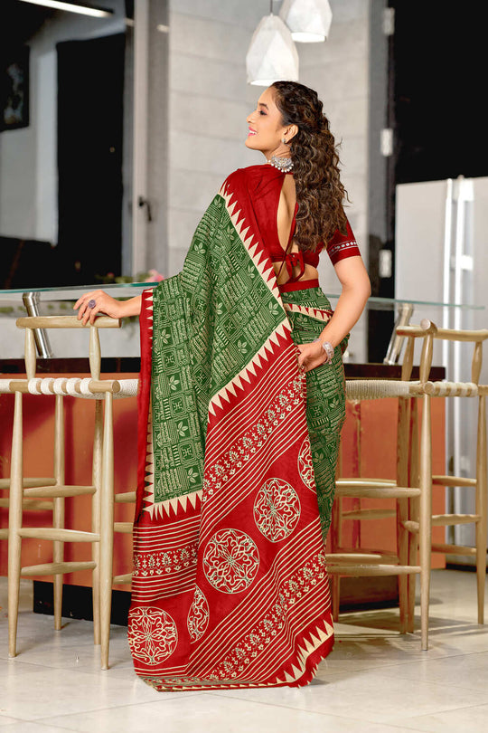 Green Mulmul Cotton Hand Block Print Sarees Saree With Blouse Piece
