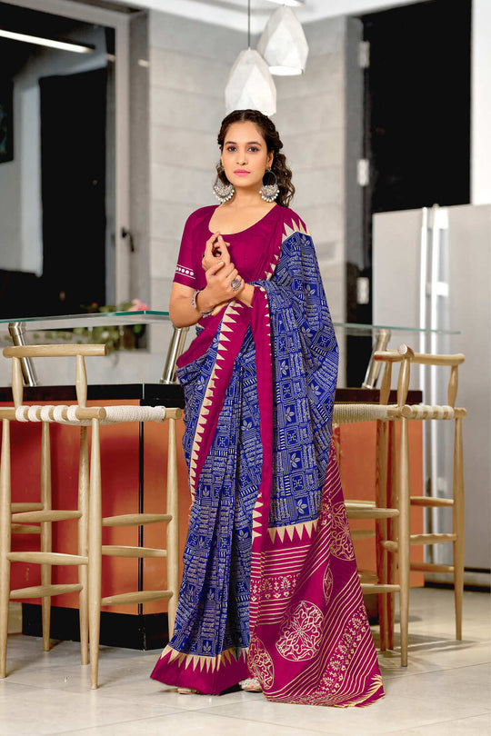 Blue Mulmul Cotton Hand Block Print Sarees Saree With Blouse Piece