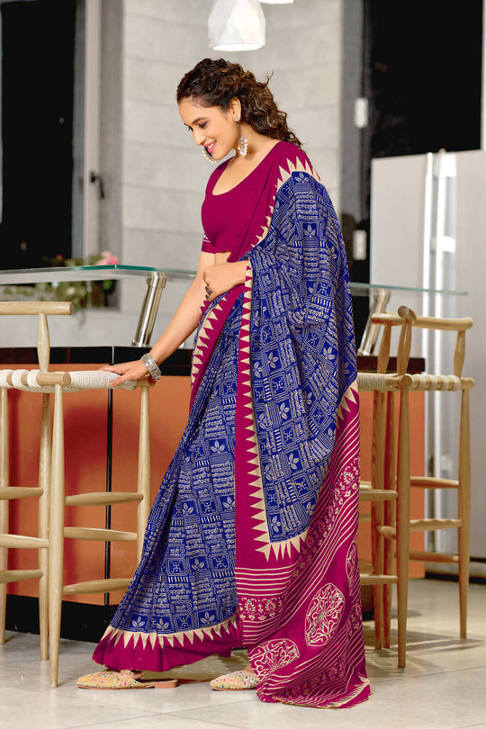 Blue Mulmul Cotton Hand Block Print Sarees Saree With Blouse Piece