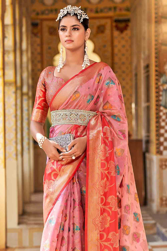 Pink And Red Banarasi Saree