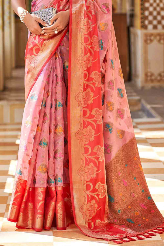 Pink And Red Banarasi Saree