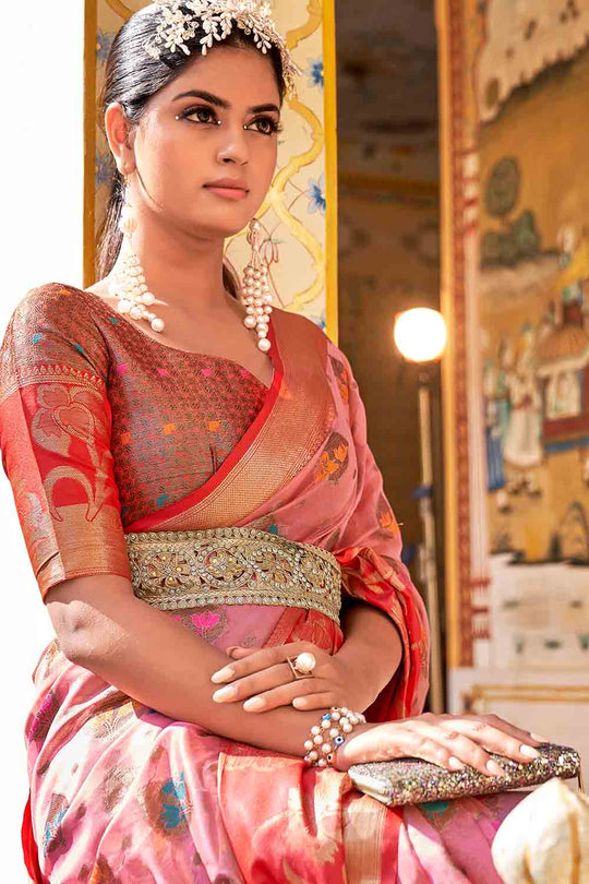 Pink And Red Banarasi Saree