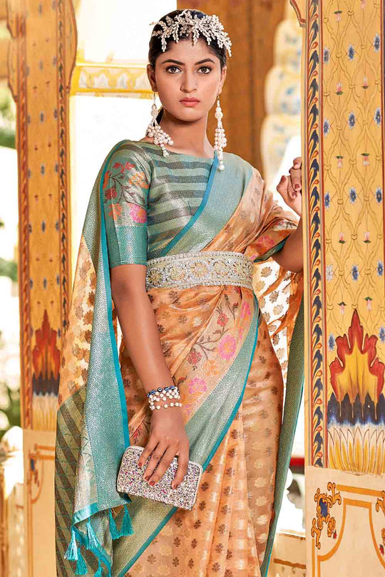 Peach And Blue Banarasi Saree