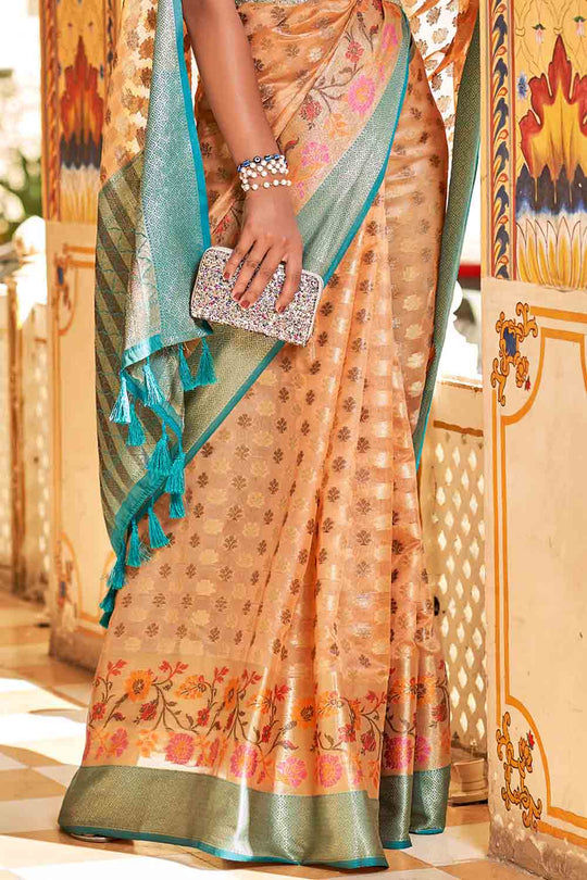 Peach And Blue Banarasi Saree