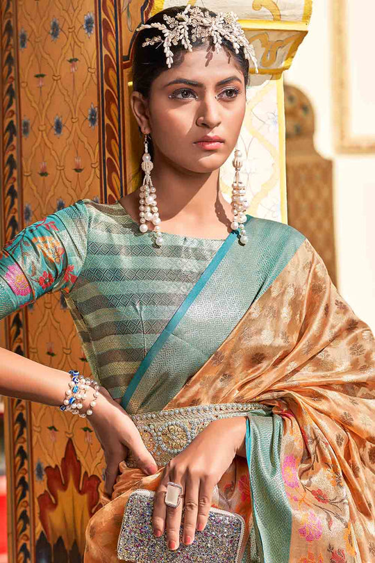 Peach And Blue Banarasi Saree