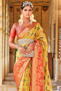 Yellow And Red Banarasi Saree
