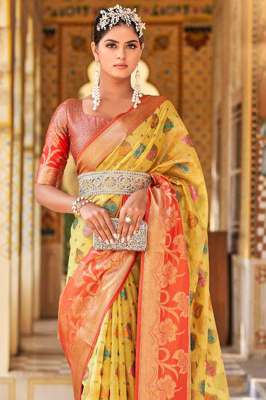 Yellow And Red Banarasi Saree