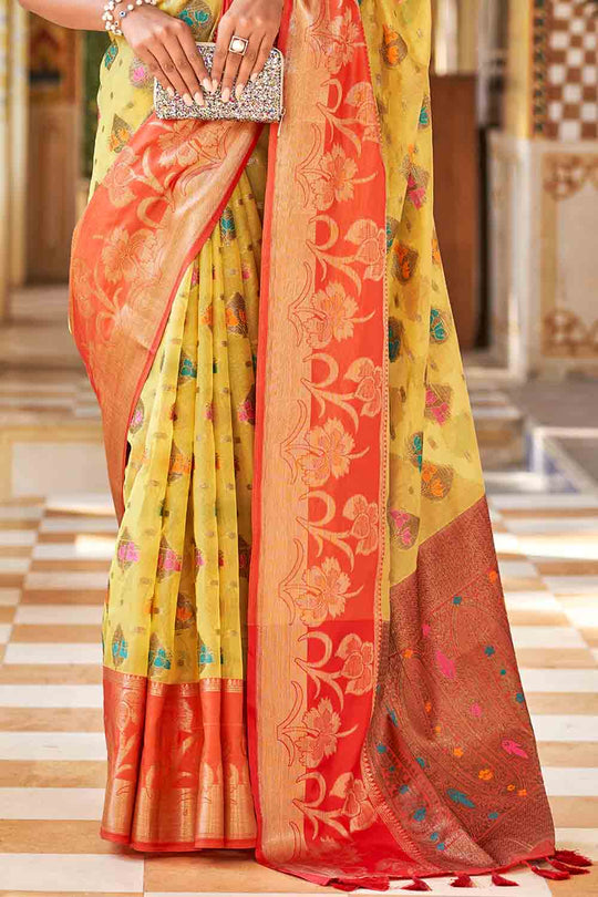 Yellow And Red Banarasi Saree
