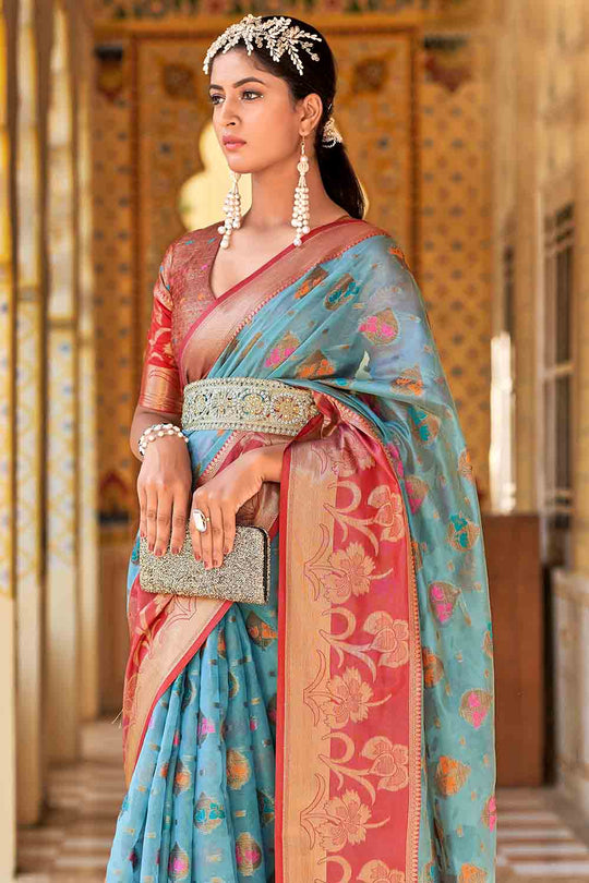 Blue And Red Banarasi Saree