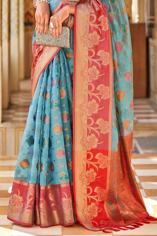 Blue And Red Banarasi Saree
