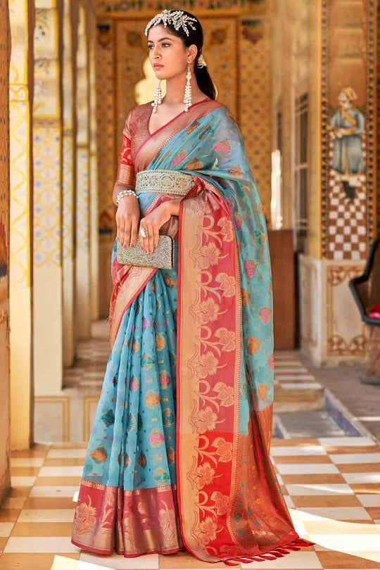 Blue And Red Banarasi Saree