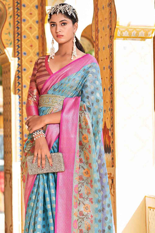 Blue And Pink Banarasi Saree