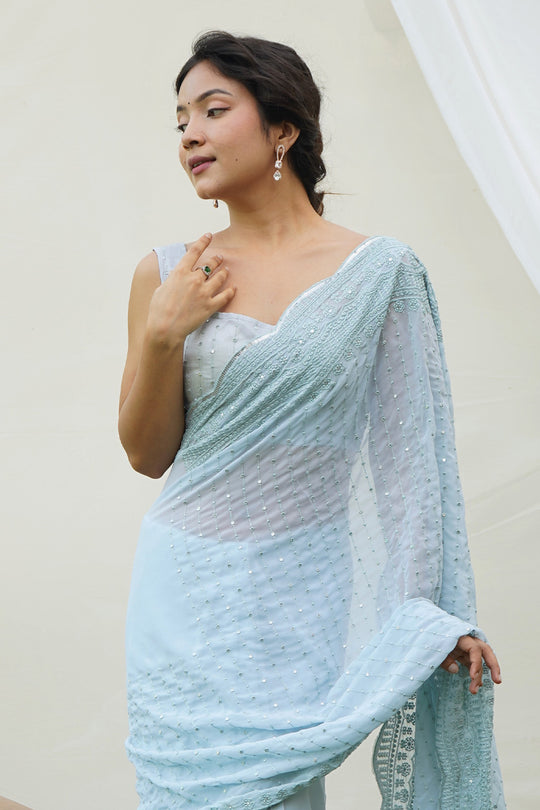 Sky Blue Georgette Saree With Blouse Piece