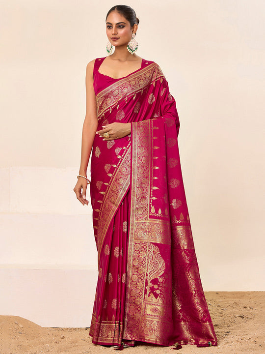 Satin Silk Banarasi Silk Saree With Blouse Piece
