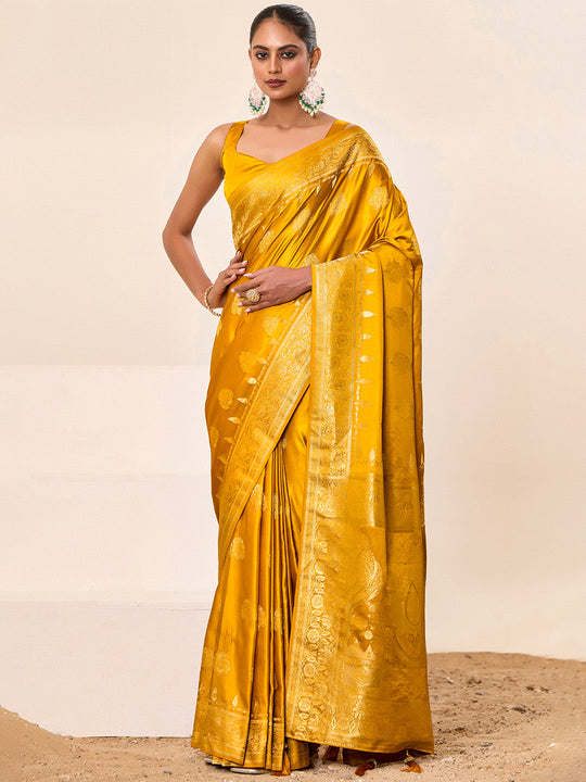 Satin Silk Banarasi Silk Saree With Blouse Piece