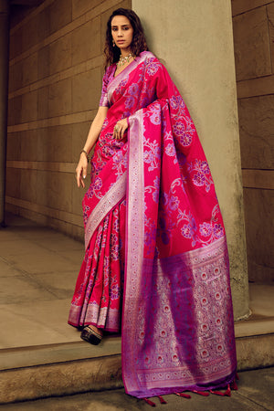 Pink Banarasi Satin Silk Saree With Blouse Piece