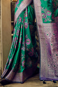 Green Banarasi Satin Silk Saree With Blouse Piece