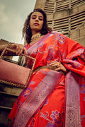 Red Banarasi Satin Silk Saree With Blouse Piece