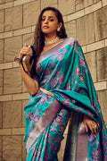 Teal Blue Banarasi Satin Silk Saree With Blouse Piece