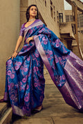 Blue Banarasi Satin Silk Saree With Blouse Piece