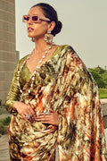 Green Digitan Printed Satin Silk Saree With Blouse Piece