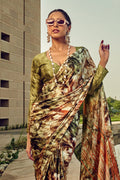 Green Digitan Printed Satin Silk Saree With Blouse Piece